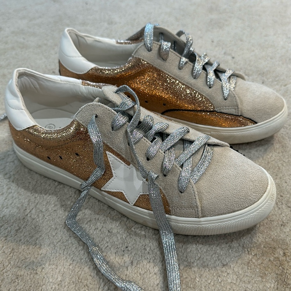rose gold and beige star sneakers